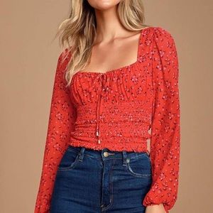 FREE PEOPLE Red Keyhole Floral Pouf Square Neck Blouse